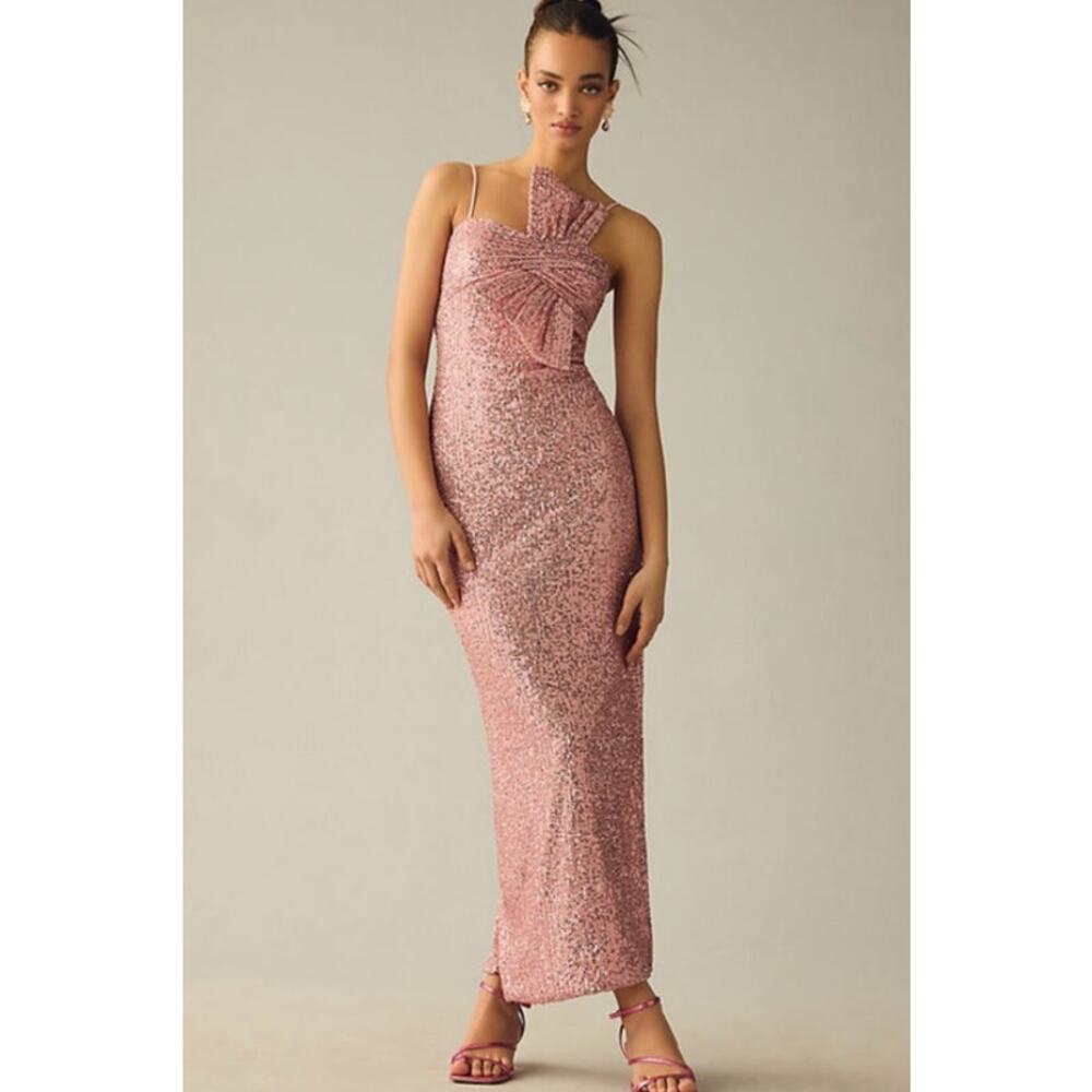 NWT Ieena for Mac Duggal Sequined Strapless Faux Bow Column Gown Rose Pink Sze 8